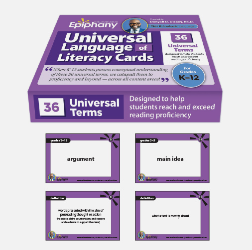 A box of Educational of Epiphany's universal language of literacy cards kit