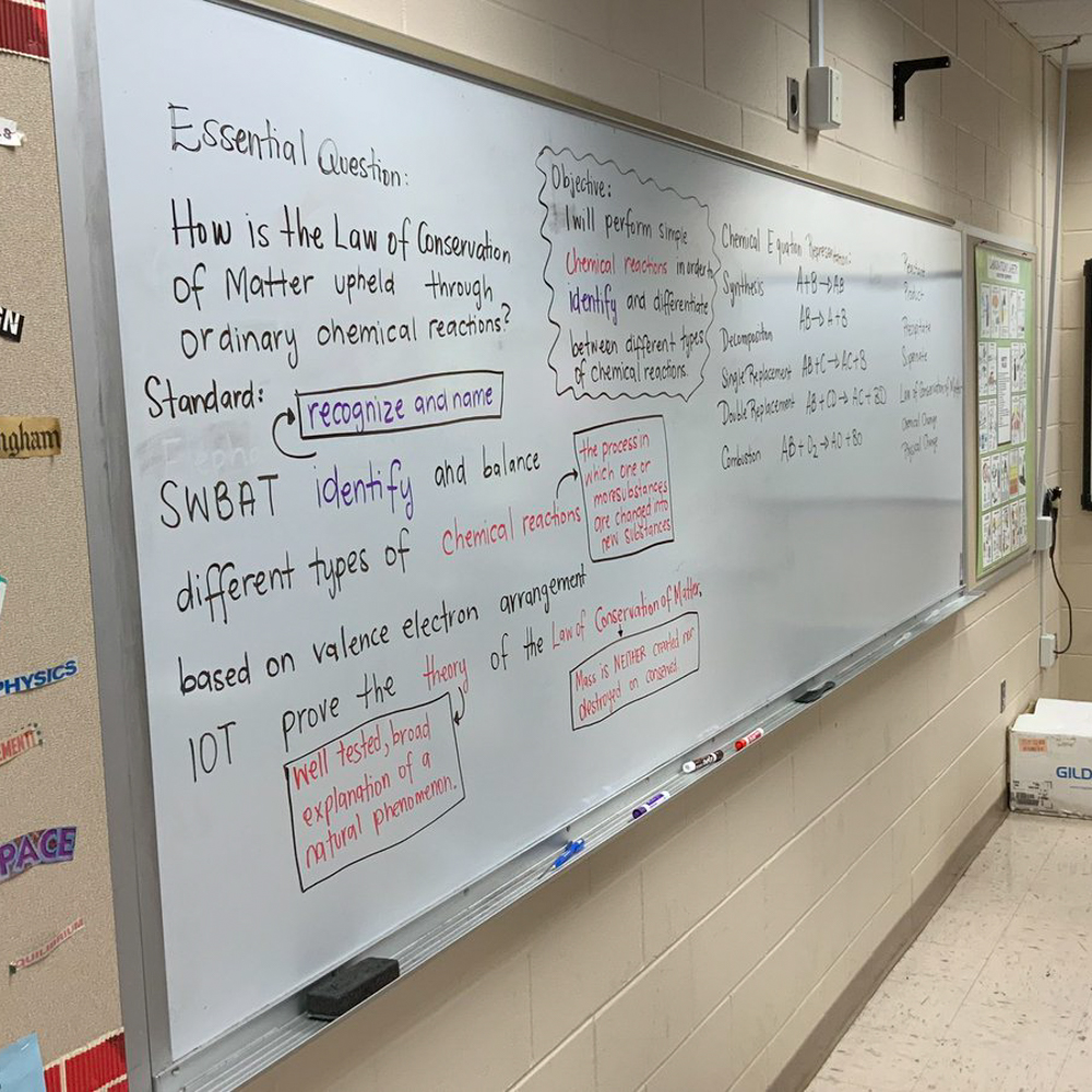 side view of a whiteboard with written words about essential question