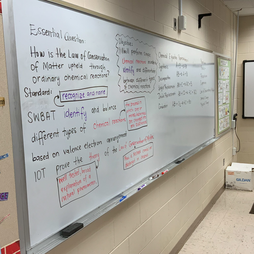 A whiteboard with written words about essential question