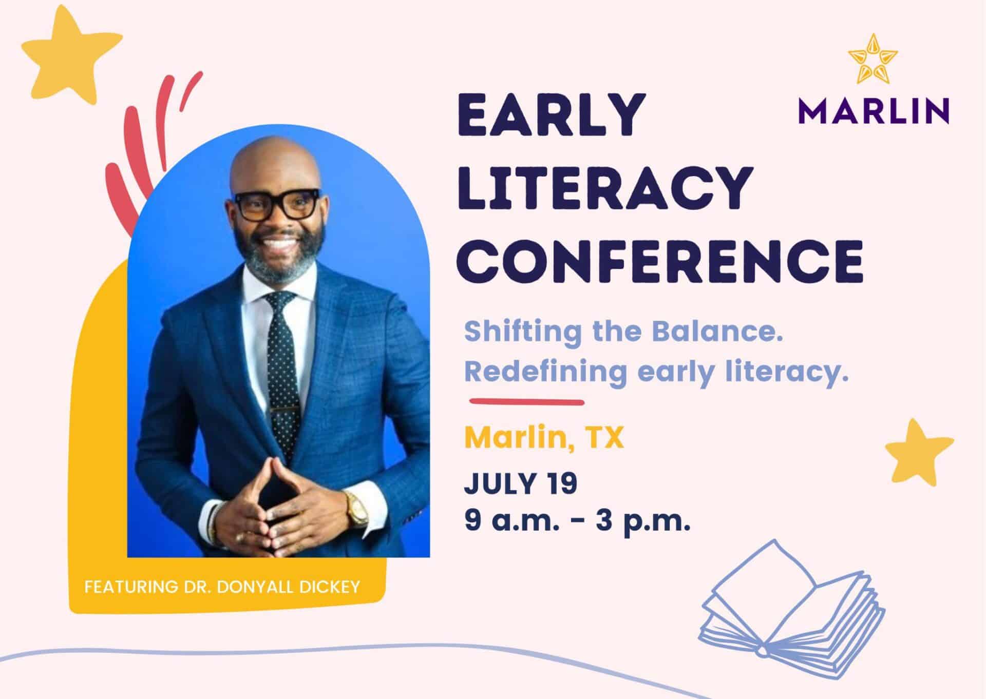 Marlin, TX Event Flyer showing Donyall Dickey's Early Literacy Conference
